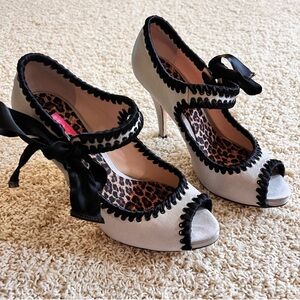 Betsey Johnson Black and Cream Peep-Toe Heels